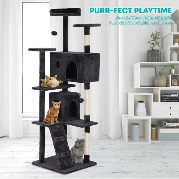 Black Multi-Level Cat Scratcher Tower with Durable Design